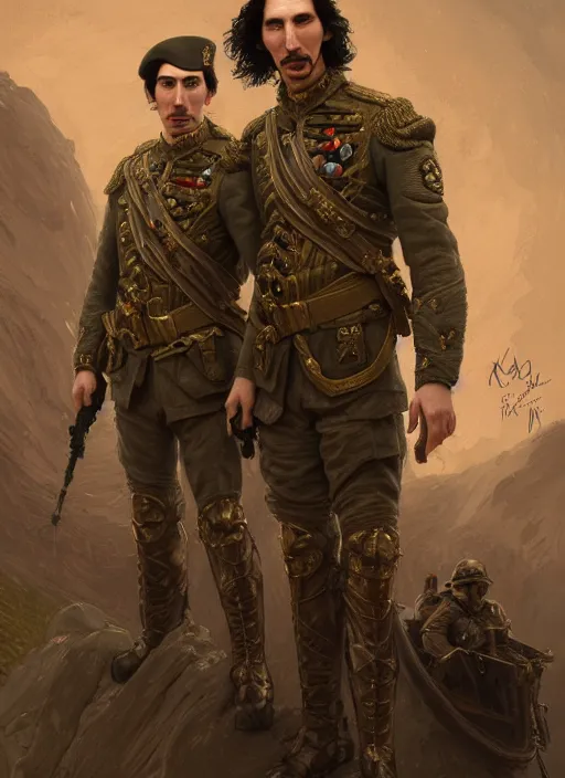 Image similar to a portrait of john oliver and adam driver posing together, stoic, military uniform, fantasy, intricate, elegant, beautiful, highly detailed, centered, digital painting, artstation, concept art, smooth, sharp focus, illustration, art style by klimt and nixeu and ian sprigger and wlop and krenz cushart