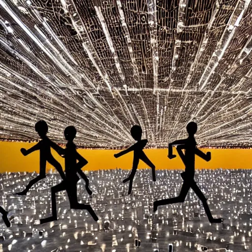 Prompt: a contemporary art sculpture of 5 tall man running with long arm and a big head, in the style of cesar baldaccini, tinguely, arman, medium shot, busy, made of intricate metal pieces, abstract, intricate, dirty, leds, indoor, studio lighting, hyper realistic, highly detailed, 8 k