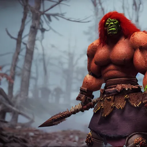 Image similar to beautiful redhead orc with warrior outfit, clash royal style characters, unreal engine 5, octane render, detailed, cinematografic, cinema 4 d