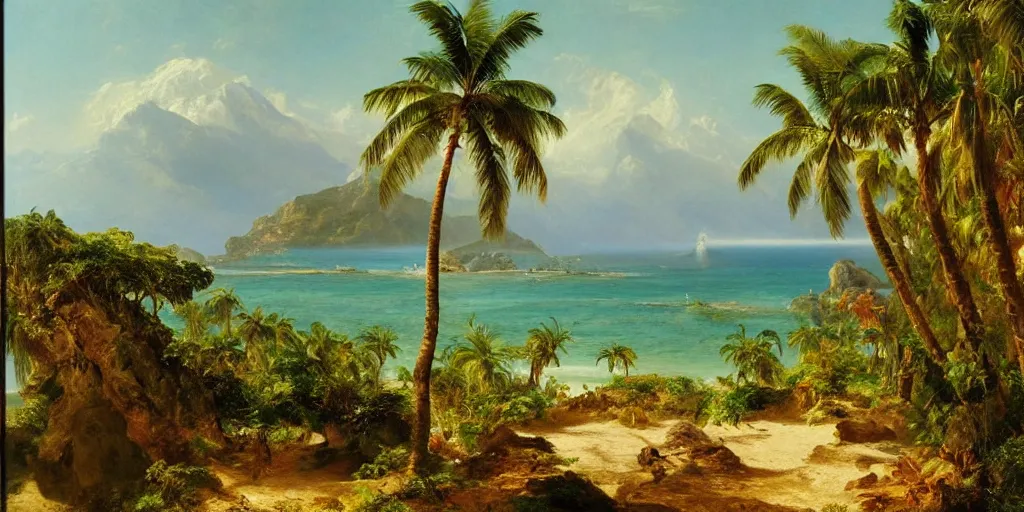 Prompt: a beautiful landscape painting of a tropical island with waterfall and palm trees, by frederic edwin church, oil on canvas, highly detailed, hd, 4 k