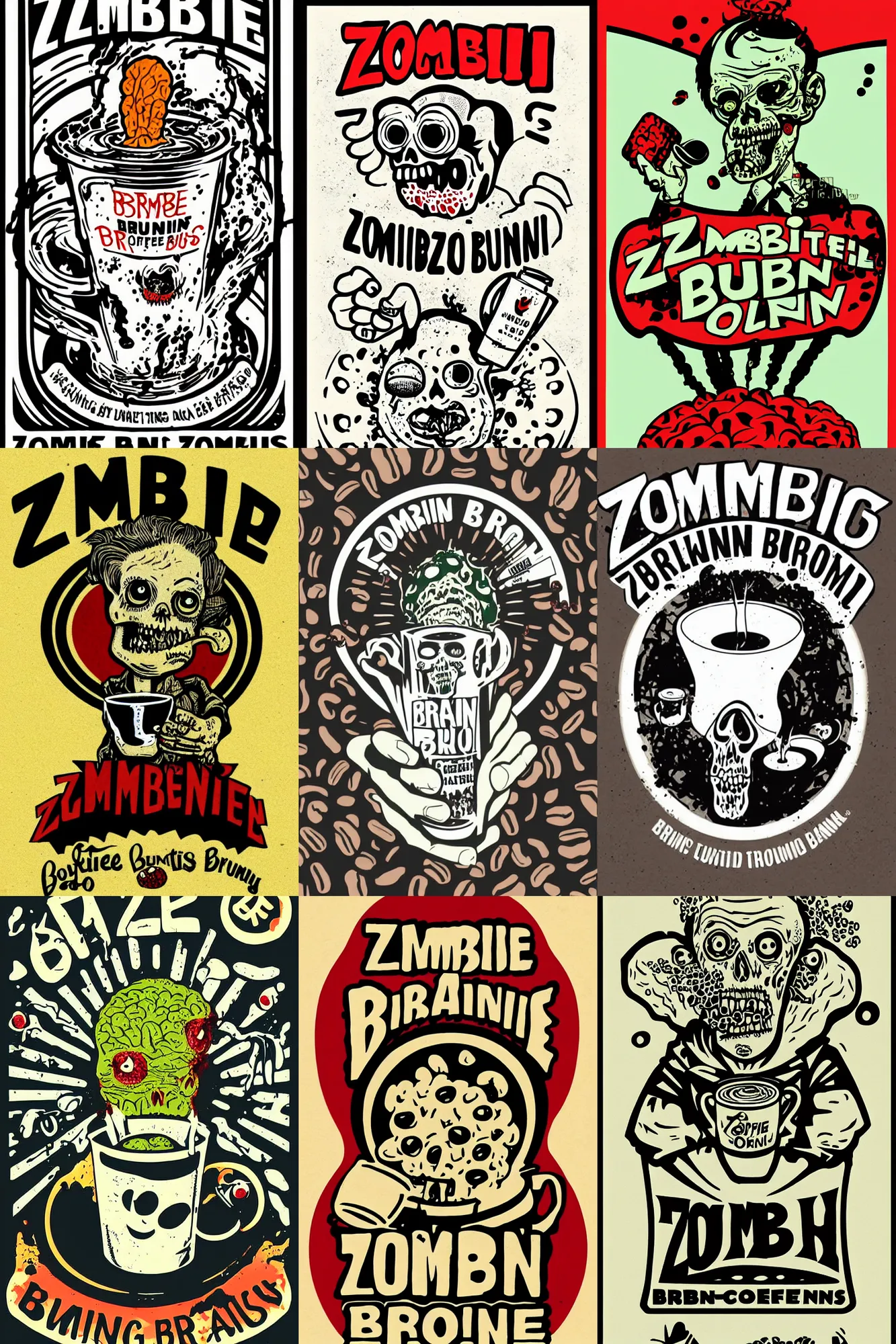 Prompt: zombie drinking brains coffee logo, take away coffee, by mcbess, full colour print, vintage colours, atomic bomb mushroom cloud made of brains, 1950s