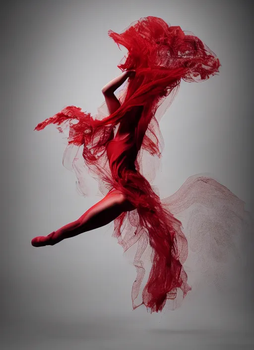 Image similar to a Photorealistic dramatic hyperrealistic render of a glamorous beautiful Female smoke dancer wearing red by Ken Brower and Deborah Ory of NYC Dance project,Lois Greenfield,Flowing cloth and smoke,Beautiful dynamic dramatic dark moody lighting,volumetric,shadows,cinematic atmosphere,Octane render,8K