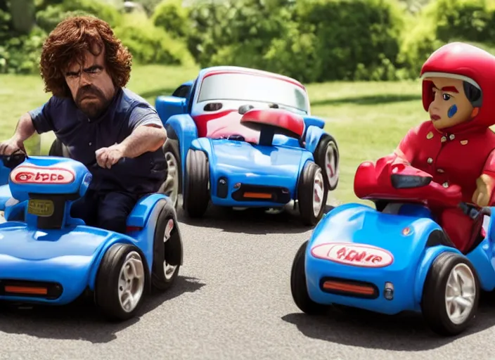 Image similar to peter dinklage racing gary coleman driving a little tikes cars, movie still, from the new fast and furious movie, 8 k, realistic