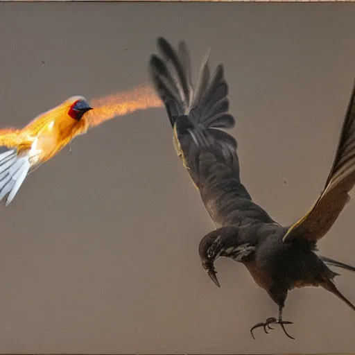 Image similar to a bird shooting fire on other birds out of its rear end, 8 k