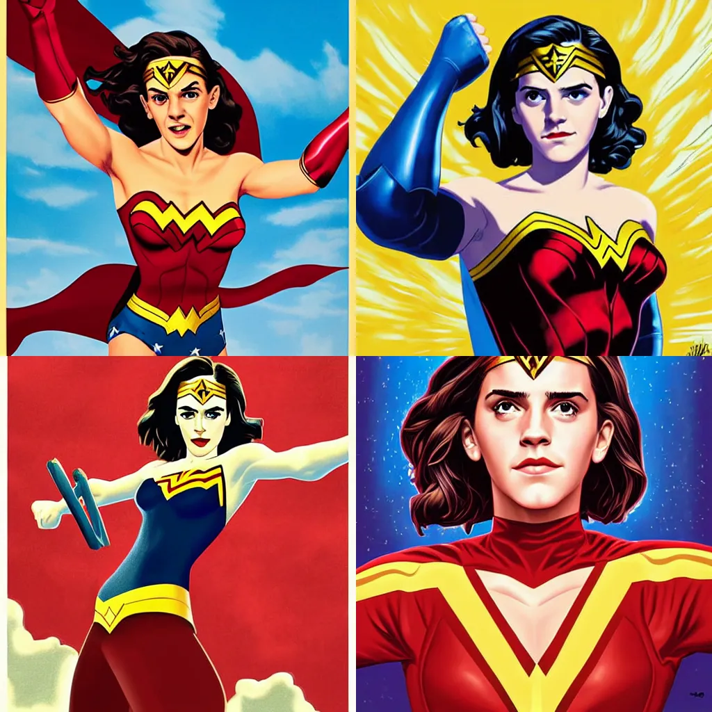 Prompt: we can do it poster emma watson as wonder woman wearing royal mantle illustration by alex gross by alex ross by Greg Land by J. Howard Miller digital painting comic book superheroes