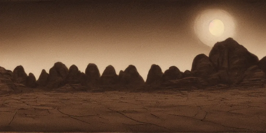 Prompt: a realistic rooftop sepia - toned painting of wadi rum at night, dark, brooding, atmospheric, lovecraft
