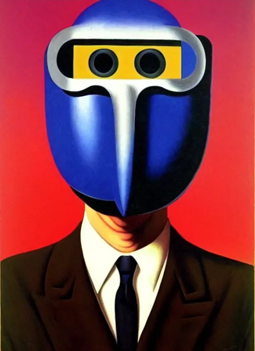 Prompt: ( ( ( ( ( retro futuristic super spy in mask with ray gun. ) ) ) ) ) by rene magritte!!!!!!!!!!!!!!!!!!!!!!!!!!!!!!