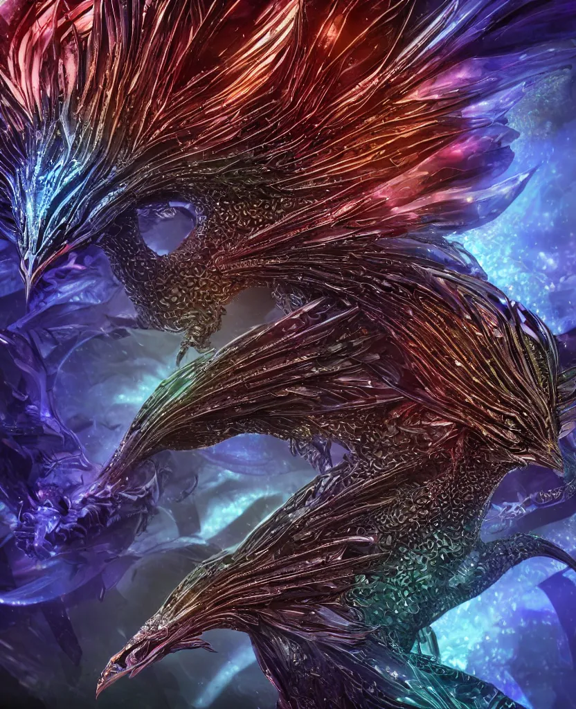 Image similar to close-up macro portrait of the dark queen, epic angle, epic pose, symmetrical artwork, photorealistic, iridescent, 3d with depth of field, blurred background. cybernetic phoenix bird, translucent dragon, nautilus. energy flows of water and fire. a highly detailed epic cinematic concept art CG render. made in Maya, Blender and Photoshop, octane render, excellent composition, cinematic dystopian brutalist atmosphere, dynamic dramatic cinematic lighting, aesthetic, very inspirational, arthouse