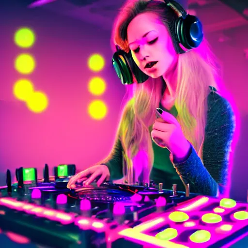 Image similar to a female woman dj playing music on a controller under the stars at a rave party, wearing headphones, long blonde hair with a side part, small kitten sitting nearby, neon pink, neon purple, octane 8 k render, hyper realistic, cyberpunk