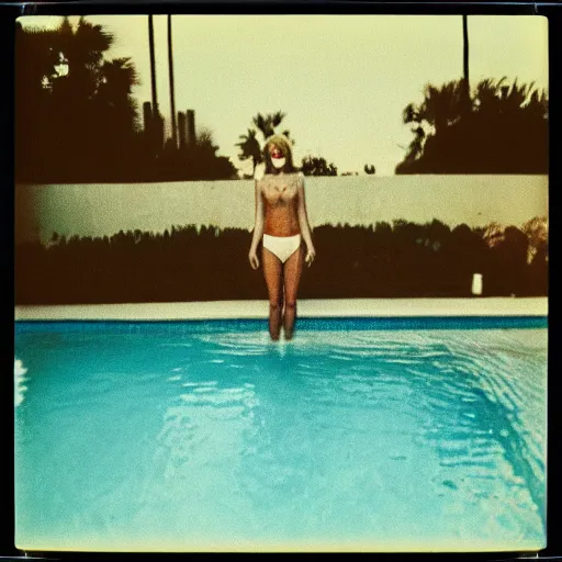 Image similar to a woman in the pool, a women under water, film camera style, la piscine 1 9 6 9 film aesthetics, 1 9 7 0 s, polaroid, los angeles landscape, evening