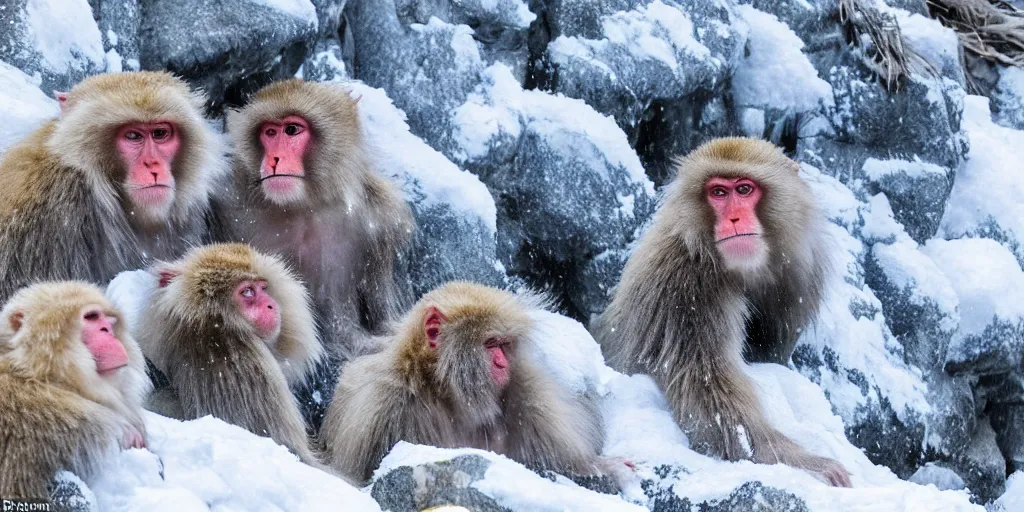 Image similar to scenic mountain setting, a family of snow monkeys gather at the natural spa to get warm, highly detailed, snow flurry, cold, steamy, desaturated blue, inquisitive, striking, contemplative, happy, content, warm, watercolor, dry brush