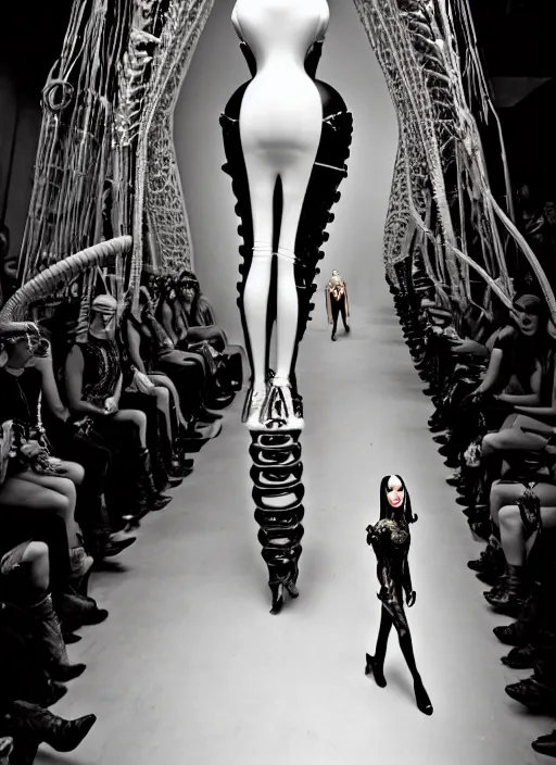 Image similar to walking down the catwalk, steven klein, show, stage, vogue photo, podium, h. r. giger organic steampunk fashion show photo,, beautiful woman, full body shot, masterpiece, inflatable shapes, white biomechanical details, highly detailed