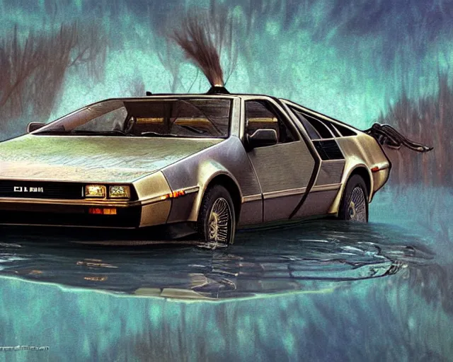 Image similar to delorean rusting submerged under water, cinematic, photoreal, by greg rutowski, by alphonse mucha, by stanley artgerm