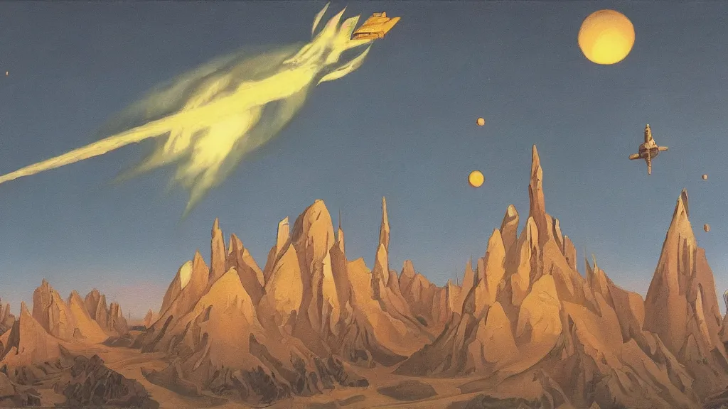 Prompt: a painting in the style of chesley bonestell and in the style of francois schuiten.