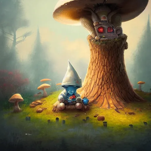 Prompt: painting depicting a gnome and a fox embracing under a large mushroom, a friendly rusty robot, gnome, fox, robot, in the style of peter mohrbacher, michael cheval, octane render, unreal engine, trending on artstation