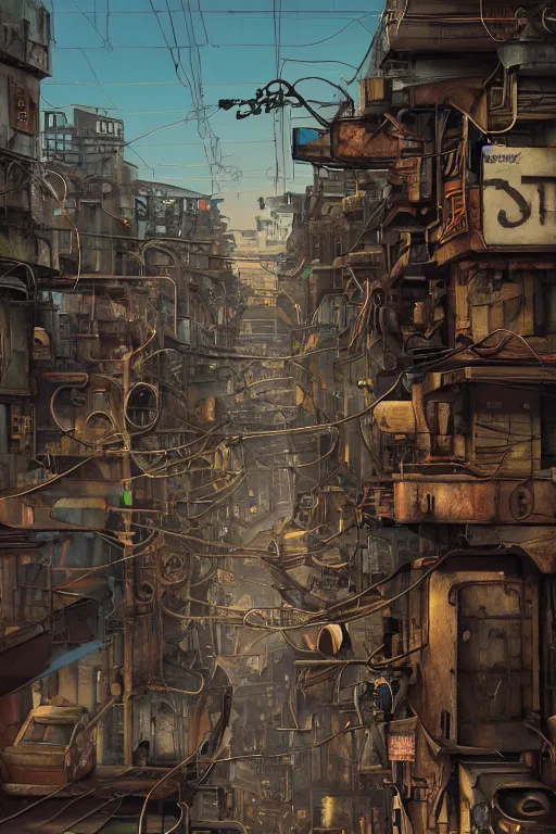 Image similar to a industrial STEAMPUNK CITY Street scenery in the FAVELAS, signs, billboards and cable Connecting MULTI LVL BUILDINGS, rendered by simon stålenhag, rendered by Beeple, Makoto Shinkai, syd meade, environment concept, digital art, starwars, raphael lacoste, eddie mendoza, alex ross, concept art, cinematic lighting, , unreal engine, 3 point perspective, WLOP, trending on artstation, low level, 4K UHD image, octane render,