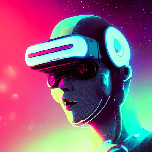 Prompt: cyberpunk concept bot, cinema 4 d, galaxy space sci - fi, wearing vr goggles, illustration, portrait, pastel neon textured background night, trending on artstation, greg rutkowski, octane rendered, 1 2 k, detailed,