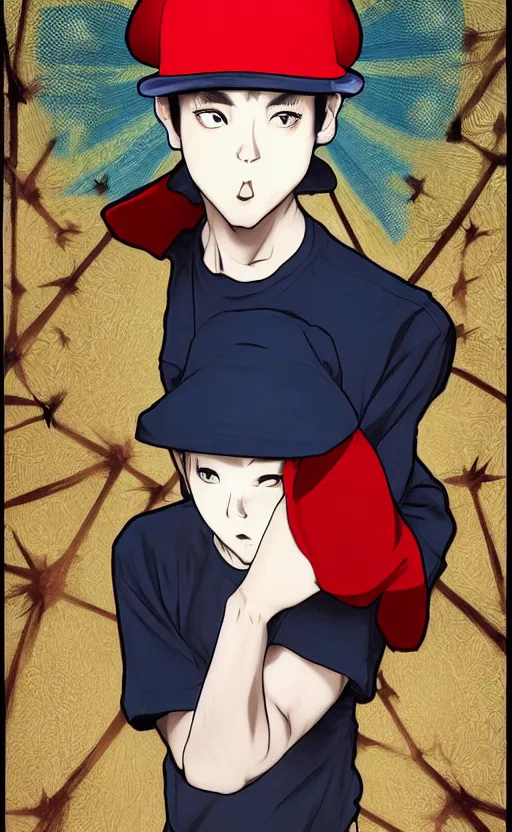 Prompt: rapper short man, anime style, Big red hat, short hair, spikey hair, symmetrical facial features, hiphop era, hyper-realistic, pale skin, 4k, blue hair, extreme detail, detailed drawing, trending artstation, hd, Friday night funkin, hiphop aesthetic, realistic lighting, by Alphonse Mucha, Greg Rutkowski, sharp focus, backlit, fnf boyfriend clothing