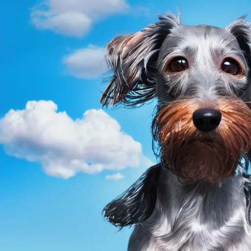 Image similar to elderly light gray wire-haired dachshund with long hair floating in heaven, jumping through blue sky, white clouds