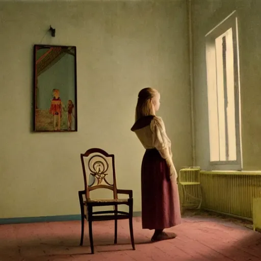 Image similar to an ivory girl in an soviet golden liminal abandoned room, film still by wes anderson, depicted by balthus, limited color palette, very intricate, art nouveau, highly detailed, lights by hopper, soft pastel colors