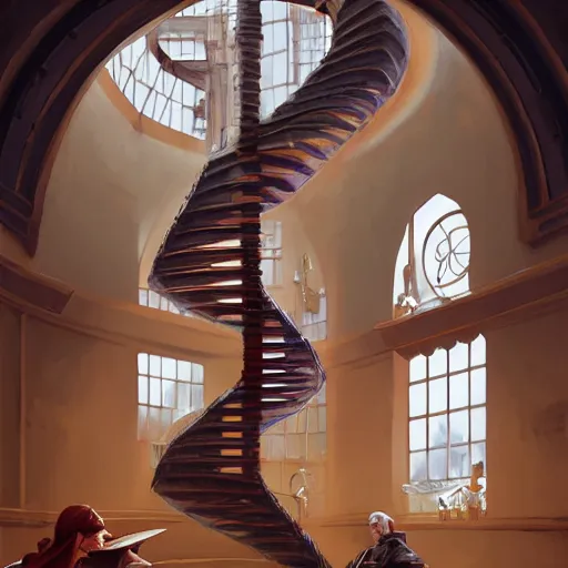 Prompt: sargent and leyendecker and greg hildebrandt, portrait of a spiral staircase, stephen bliss, unreal engine, fantasy art by greg rutkowski, loish, rhads, ferdinand knab, makoto shinkai, ilya kuvshinov, rossdraws, global illumination, radiant light, detailed and intricate environment