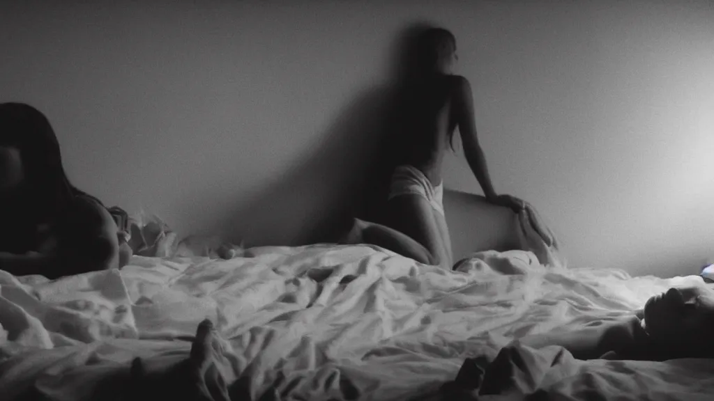 Image similar to movie still of girl having sleep paralysis and a shadow watching, cinematic composition, cinematic light, criterion collection, by nightmare