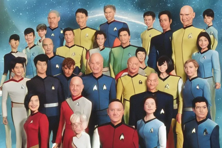 Prompt: star trek next generation enterprise - d bridge crew, captain picard in center, family portrait, in style of studio ghibli