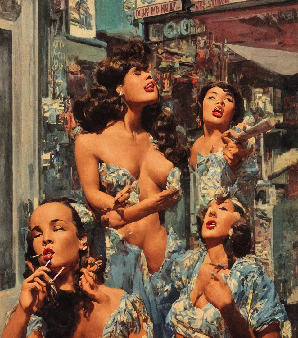 Image similar to standing portrait of ecstatic sza looking into the camera standing smoking a cigarette, summer, warm street lights store front, 1 9 6 0 s technicolor, intricate, moody, personal, highly detailed, short focus depth, donato giancola, joseph christian leyendecker, frank frazetta, alex horley, ralph horsley, michael whelan, 2 0 0 mm focal length