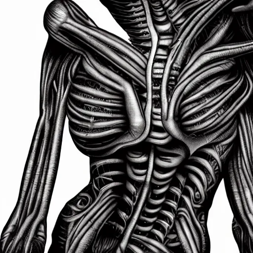 Image similar to full body photograph of a beautiful woman in the style of H.R. Giger