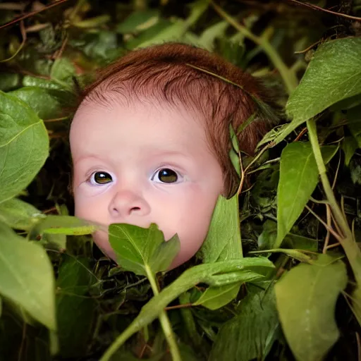 Image similar to award winning hyper realistic photograph of a baby sasquatch portrait hiding in the leaves peering out timidly with with large cute eyes