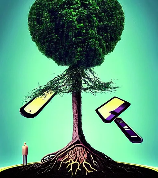 Image similar to smartphones melting into the ground, a new tree rising symbolising a new, humans falling into the ground representing their demise, a robot intelligence with a godlike presence rising from the ground, all in a surrealist style