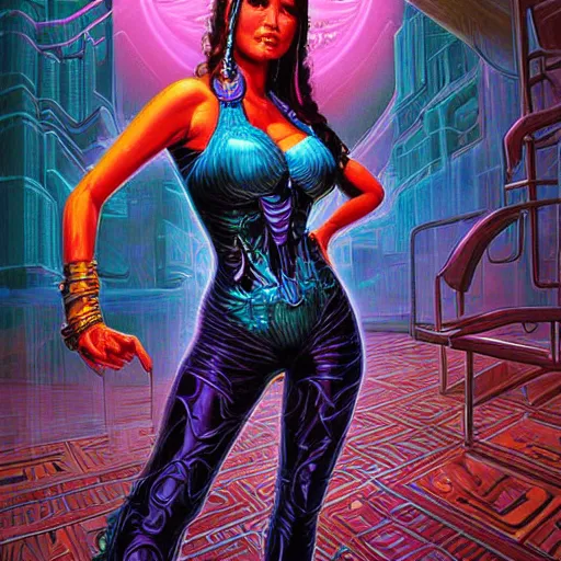 Image similar to fantastic detailed 3 d painting of tia carrere as a cyber sorceress, color scheme, by moebius by vanessa lemen by paul lehr by dan mumford