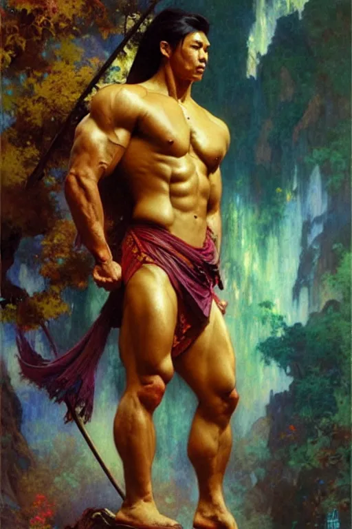 Image similar to attractive muscular man, wuxia, colorful, painting by gaston bussiere, craig mullins, greg rutkowski, alphonse mucha