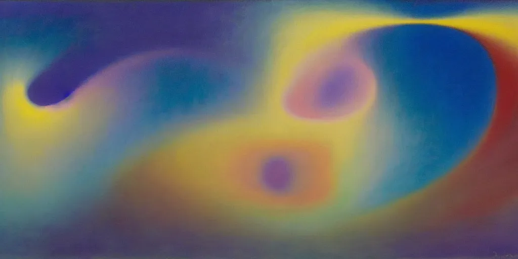 Image similar to the inner structure of quantum reality waves. Oil on canvas. Modern painting. Agnes Pelton. Zao Wou-ki. Dali.