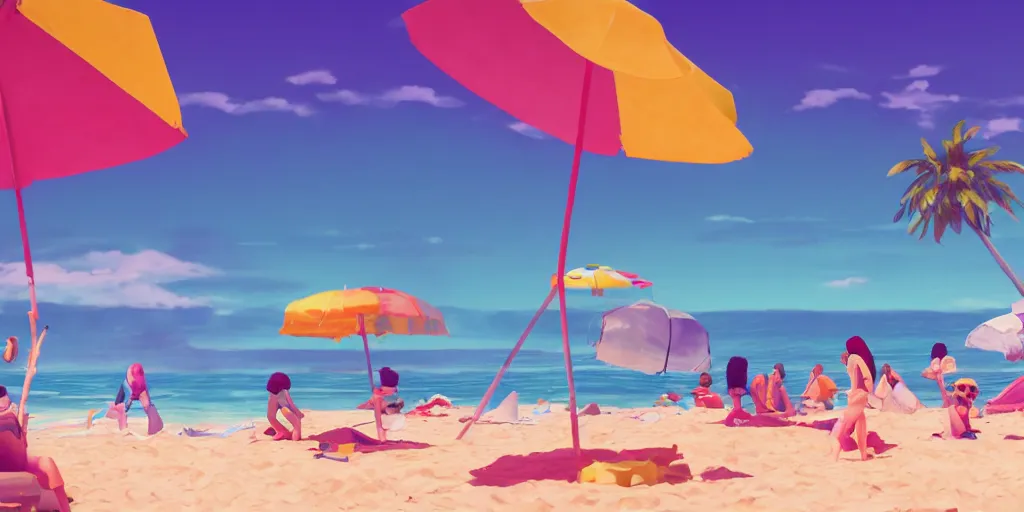 Image similar to a film still of a sunny and colourful beach scene in santa monica, los angelos, top shot, wes anderson, studio ghibli, pixar and disney animation, sharp, rendered in unreal engine 5, anime key art by greg rutkowski, bloom, dramatic lighting