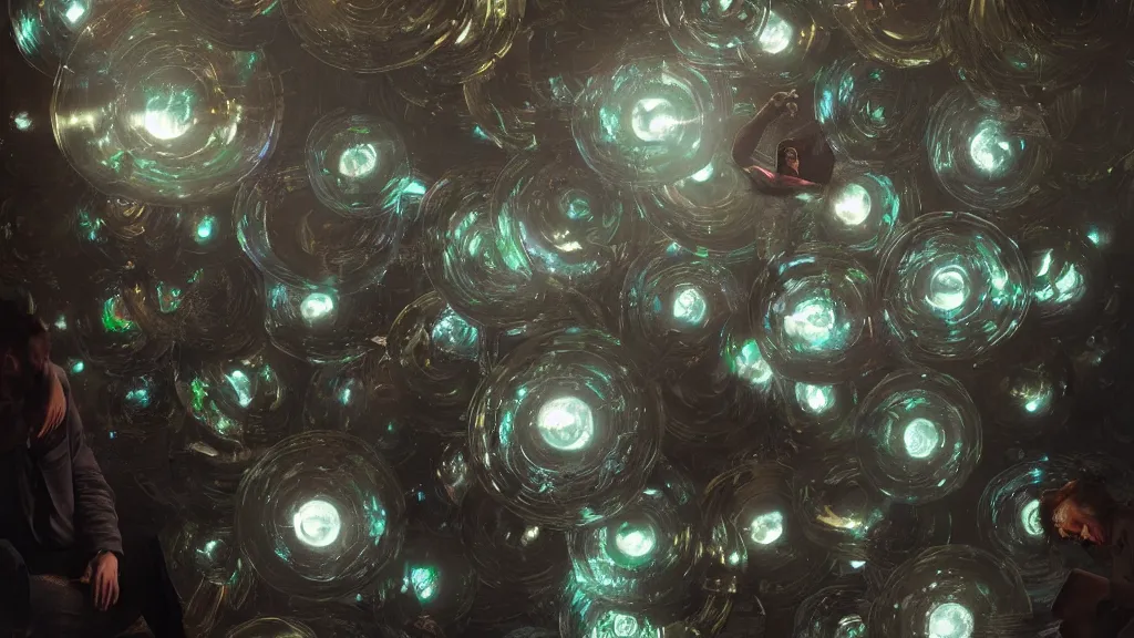 Prompt: swarm of glowing iridescent discs surrounding a victorian man, by greg rutkowski