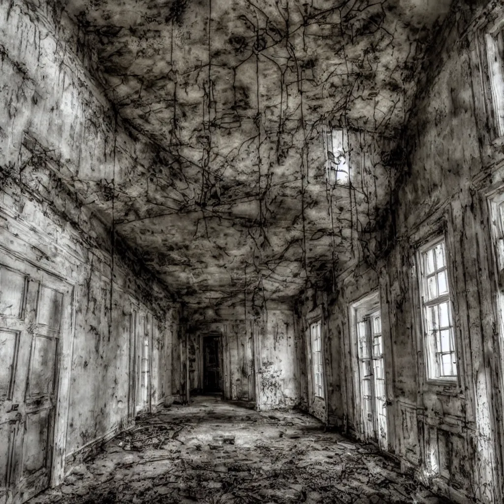 Image similar to exploring the inside of a haunted asylum, creepy, shadows, webs