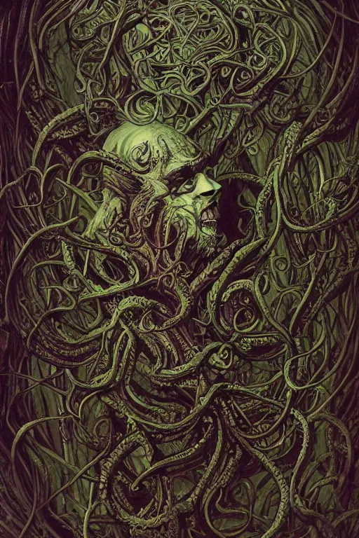 Image similar to centered horrifying detailed side view profile portrait of a insane, crazed, mad old bald zombie, cthulhu, eldritch abomination, dunwitch horror, ornate tentacles growing around, ornamentation, thorns, vines, tentacles, elegant, beautifully soft lit, full frame, 8 k by wayne barlowe, peter mohrbacher, kelly mckernan, h r giger