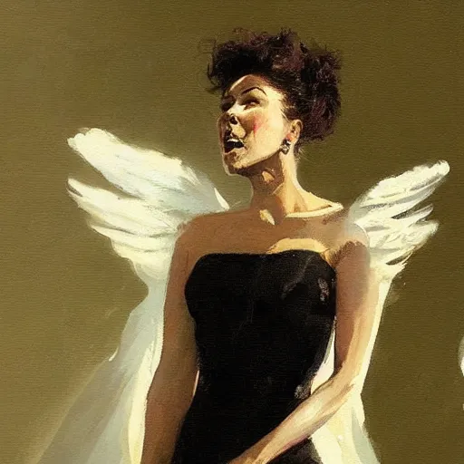 Image similar to Painting by Greg Rutkowski, an opera singer in a white dress with wings on stage