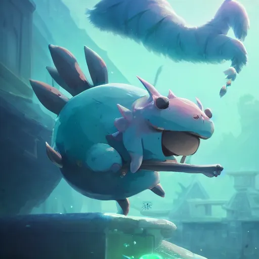 Prompt: cyan cute spirit axie pet strikes enemy with its long tail, fantasy, studio ghibli, clean cel shaded vector art, style artstation, style greg rutkowski, octane render, unreal engine 6, epic game graphics, fantasy, conceptual art, ray tracing