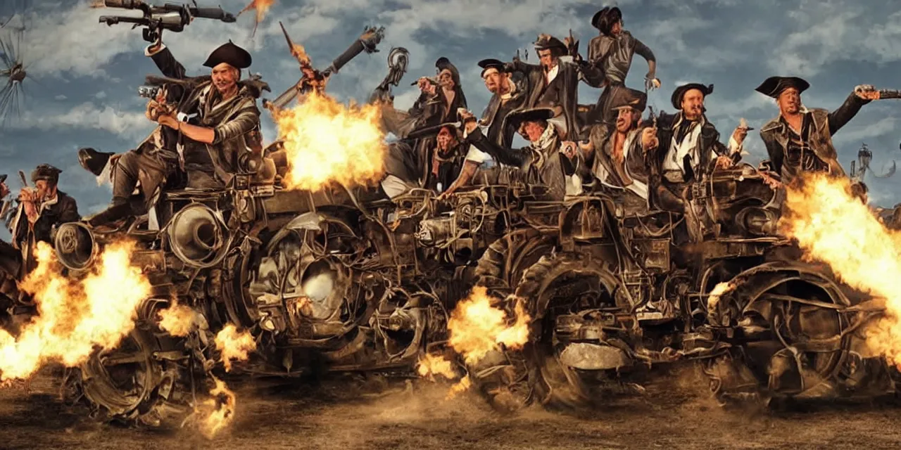 Prompt: pirates riding on tractors with many cannons in the style of quentin tarantino, racing track, muzzle flash, flames, high speed chase