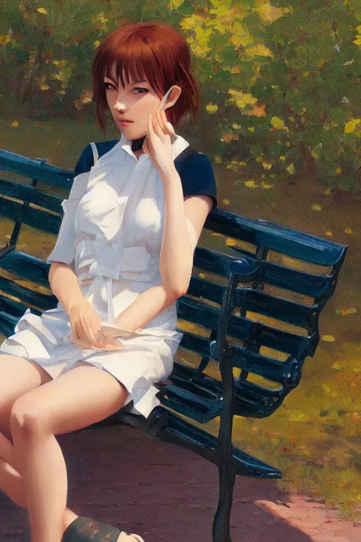 Image similar to A ultradetailed beautiful panting of a stylish woman siting on a park bench, Oil painting, by Ilya Kuvshinov, Greg Rutkowski and Makoto Shinkai