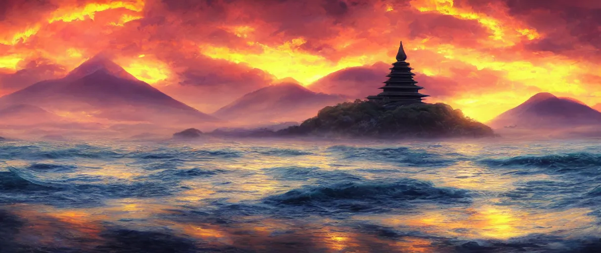 Prompt: digital painting of a detailed sunset over the ocean, ultra detailed Buddhist temple on the beach behind a forest, large mountains in back, concept art, low angle, high detail, warm lighting, volumetric, godrays, vivid, beautiful, trending on artstation, by Jordan Grimmer, no focus, huge scene, ultra detailed ripples, F11 aperture, levitating Buddhist monk dressed in yellow garment silhouette, in the style of ALBERT BIERSTADT