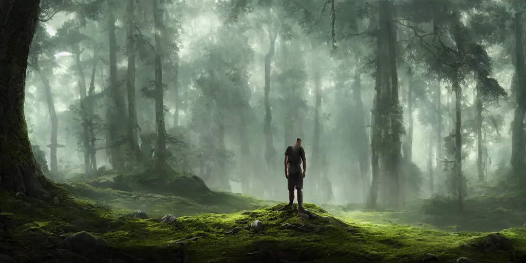 Prompt: a man standing in the middle of a majestic forest, a detailed stunning matte painting, cgsociety, fantasy art, cryengine, matte painting, reimagined by industrial light and magic