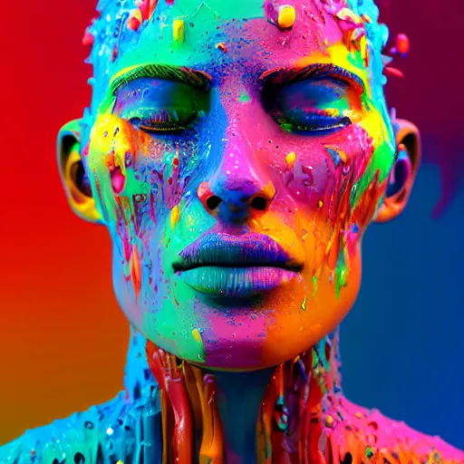 Image similar to a beautiful intricate 3D render of colorful acrylic paint dripping down the face of a humanoid by zach sutton, perfection!, studio lighting, 50mm lens, 3d render, octane render, deep depth of field, artstationHQ, 8K