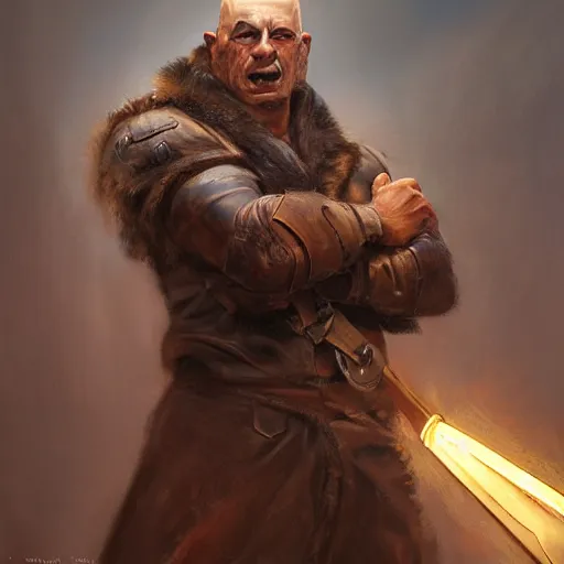 Image similar to portrait of a muscular, bald orc mechanic, wearing a heavy brown leather coat, wielding a wrench, DnD character, fantasy character, dramatic lighting, high detail, digital art by Ruan Jia