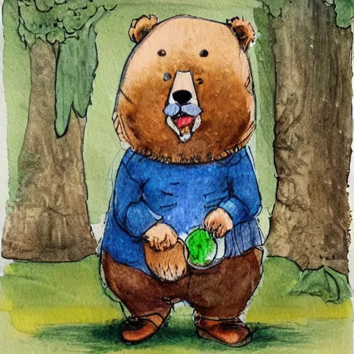 Image similar to a grumpy human man wearing a bear costume, holding a goldfish bowl. watercolour with pencil, in the style of beatrix potter.