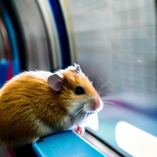 Image similar to photo of a hamster inside a metro train, various poses, unedited, soft light, sharp focus, 8 k