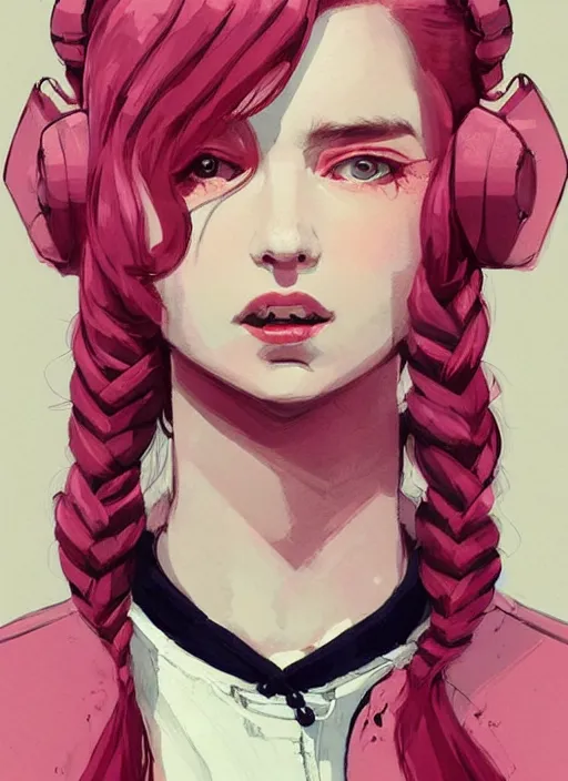 Image similar to highly detailed portrait of a girl with scarlet lips and pink eyes, tartan hoody, ringlet hair, short white hair by atey ghailan, by greg rutkowski, by greg tocchini, by james gilleard, by joe fenton, by kaethe butcher, gradient pink, black, red, cream and white color scheme, trending in pinterest, award winning details