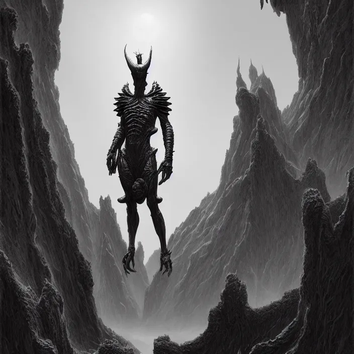 Image similar to a vertical portrait of a character in a scenic environment by wayne barlowe, black and white, dreamy, armor, highly detailed, 3 d render, vray, octane, realistic lighting